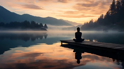 Foto op Plexiglas A serene image symbolizing emotional balance, depicting a person in a meditative pose with a tranquil background © Pedro Areias