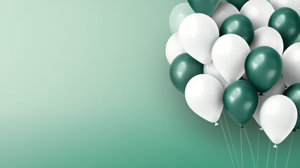 grüne und weiße Ballons mit Platz für Text. Querformat 16:9. Generative Ai.