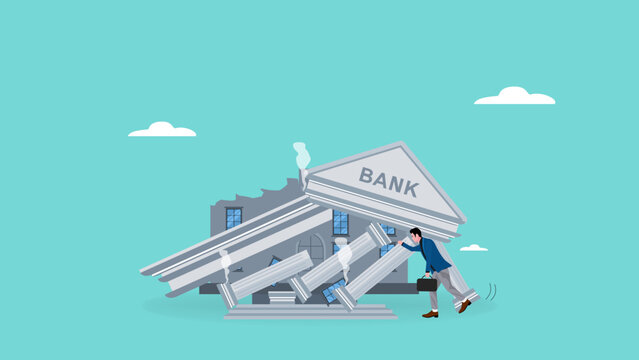 banking collapse concept illustration, financial crisis, ruined bank concept, bankruptcy, frustrated businessman look at collapsing bank building concept modern vector illustration in flat style