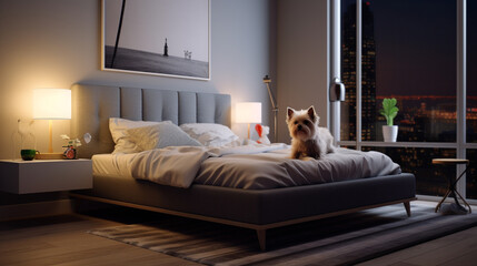 Stylish bed setup featuring an attractive pet, creating a visually pleasing and heartwarming scene