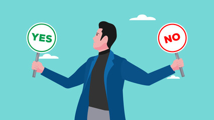 businessman holding a signboard with the word yes or no vector illustration, business situation choosing or making decision concept, business people with question marks vector illustration