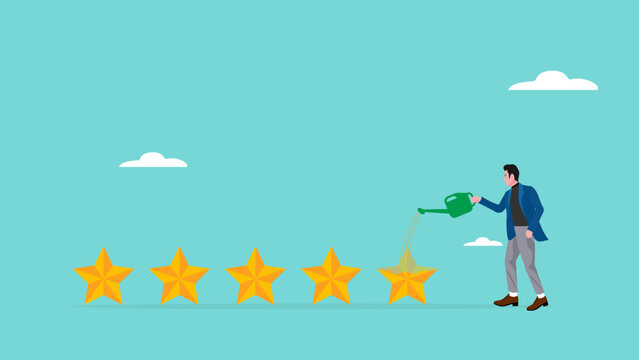 five star rating illustration with concept of businessman puts a star to give five star rating, business people placing 5 stars rating flat with flat style, client holding review stars concept