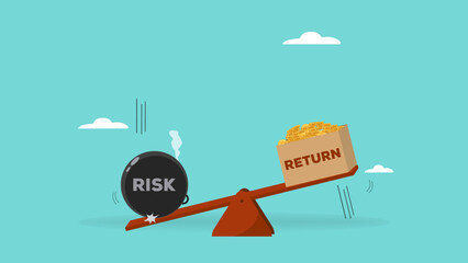 high risk high return business investment concept illustration, investor risk appetite in securities and investment asset to get high reward, The weight on seesaw creates a box of dollar prize money