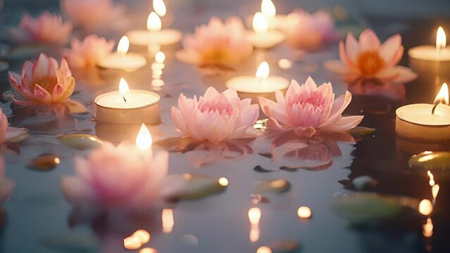Closeup of delicate flower petals floating in the water, illuminated by the soft light of the candles.