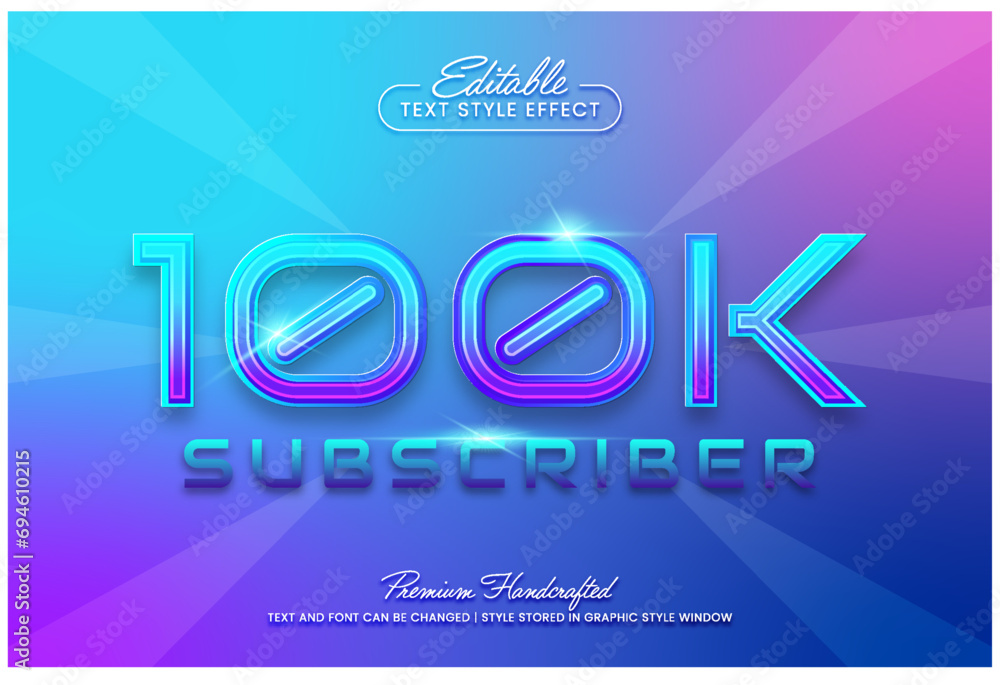 Poster one hundred thousand subscriber blue vector graphic style. editable vector 3d text effect.