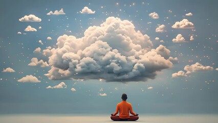 A visualization of a persons mind, with various thoughts and distractions represented as clouds. As the person practices meditation, the clouds gradually Psychology art concept