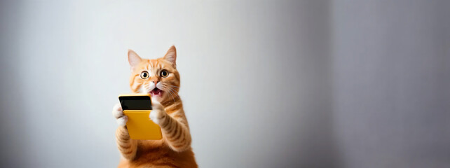 茶色の猫が黄色のカバーをしているスマートフォンを持って驚いている写真 - obrazy, fototapety, plakaty