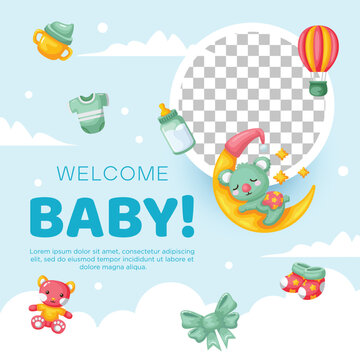 Template hand drawn baby announcement background with photo