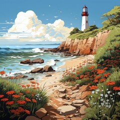 Coastal Bliss: A Lighthouse and a Beach in a Naturalistic Painting