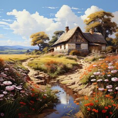Fototapeta na wymiar Rustic Charm: A Painting of a Countryside Cottage and Windmill