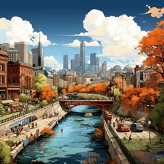 Fototapeta premium Autumn in the City: A Cartoon Landscape