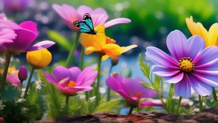 spring vibrant nature with flowers and insect photo realistic wallpaper