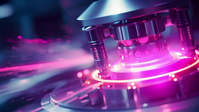 Closeup of high energy laser beams hitting a tiny target filled with deuterium, a crucial step in producing tritium for fusion reactions.