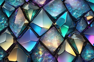 a Colorful geometric glass mosaic with stained glass window reflection.