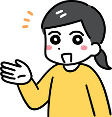 笑顔で紹介している私服の若い女性(上半身)