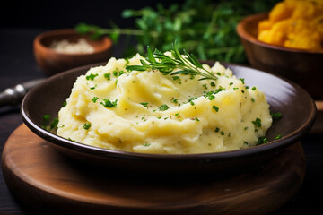 Mashed potatoes with butter and aromatic herbs. Generative AI.