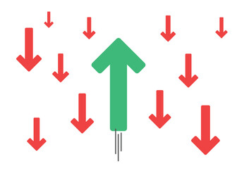 one large rising arrow among the descending arrows represents optimistic opportunity business grow in economic recession crisis condition financial survive