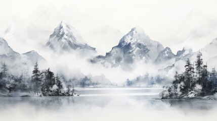 高い山とフィヨルドの沿岸が描かれた水墨画風の風景 - obrazy, fototapety, plakaty