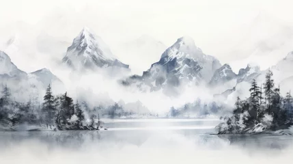 Fotobehang 高い山とフィヨルドの沿岸が描かれた水墨画風の風景 © fumoto-lab