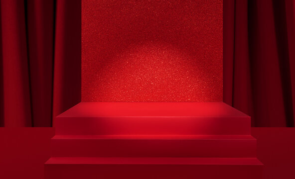 Christmas, New Year banner, red curtains in the background, red podium product stage with spotlight and red glitter background