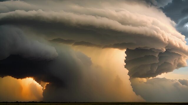 wall dark clouds descends from supercell thunderstorm produces powerful tornado.