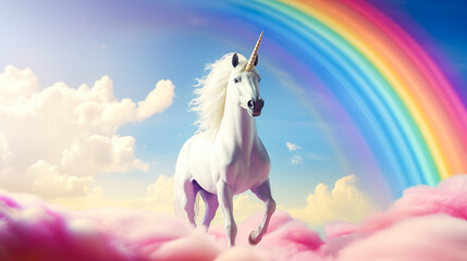 Obraz na płótnie Canvas 雲の上を走る美しいユニコーンと虹の背景