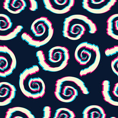 Seamless vector pattern with various swirls in glitch style on a black background