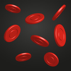 Red poker chips in the air on a black background. Vector illustration.