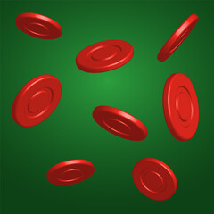 Red poker chips in the air on a green background. Vector illustration.