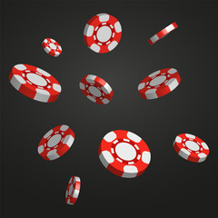 Red and white poker chips in the air on a black background. Vector illustration.
