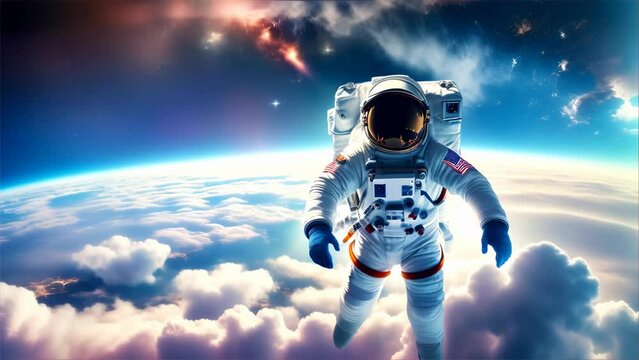 an astronaut spacewalking in the upper atmosphere of Earth, with the backdrop of stars and clouds highlighting the freedom of zero gravity and the grandeur of space exploration.