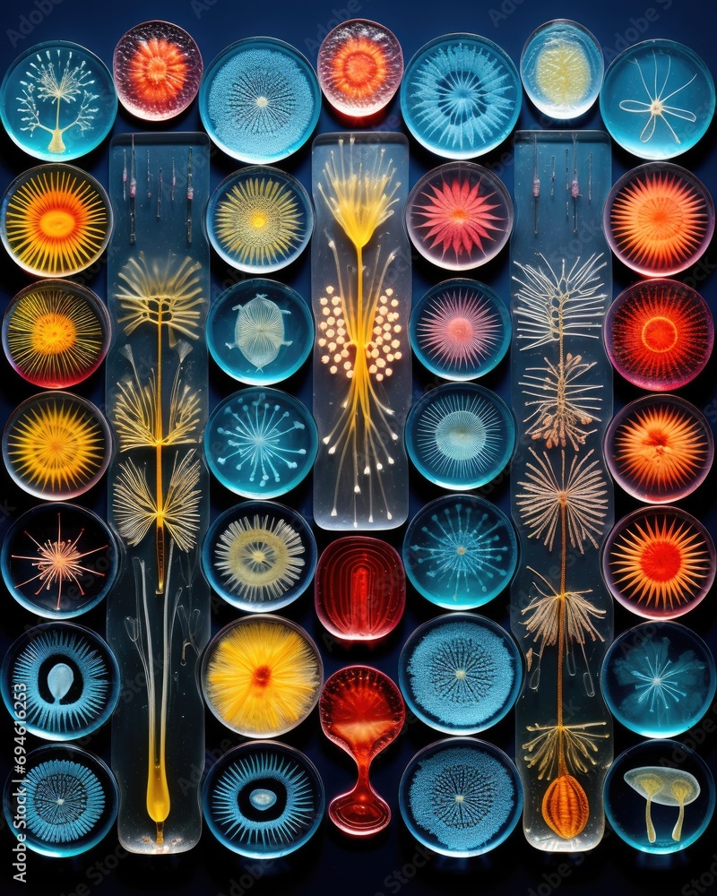 Poster a bunch of plates with different designs on them. generative ai.