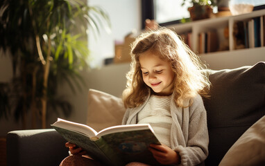 Obraz premium Fair-skinned girl in a warm bright sweater reads a book while sitting on the sofa. Beautiful photo of a teenage female with a book.