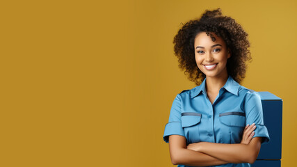 Obraz na płótnie Canvas Afro woman in postal officer uniform smile isolated on pastel background