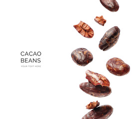 Creative concept made of cacao beans on the white background. Flat lay. Food concept. Macro concept.	
