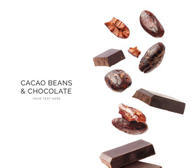 Creative concept made of cacao beans and bars on the white background. Flat lay. Food concept. Macro concept.	