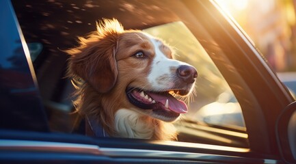 A brown and white dog sticking its head out of a car window. Generative AI. - Powered by Adobe