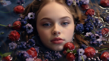 A young girl laying in water with raspberries in her hair. Generative AI.