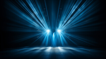 Obraz premium Blue stage curtain with spotlights. scene, stage light with colored spotlights and smoke. Stage on the dark floor with lights on the perimeter. theater stage Art concept..