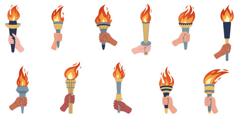 Hand holding a torch. Sport symbol, flat vector illustration design. Torch, Flame. Vector isolated burning torches flames in hands. - obrazy, fototapety, plakaty