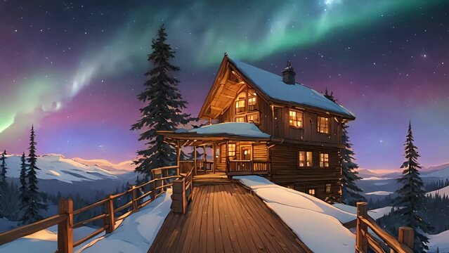 step onto wooden deck Aurora Borealis Retreat, greeted peaceful stillness Alaskan wilderness. glittering stars above shimmering lights Aurora Borealis create stunning 2d animation