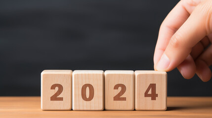 Wooden cubes bearing the numbers "2024" – a conceptual representation of the New Year, symbolizing fresh beginnings and future possibilities, generative ai