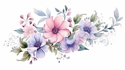 Watercolor isolated floral flowers and leaves spring background