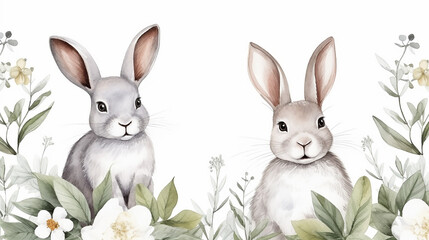 Obraz premium Watercolor seamless pattern with cute white rabbits