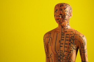 Acupuncture model. Mannequin with dots and lines on yellow background, space for text