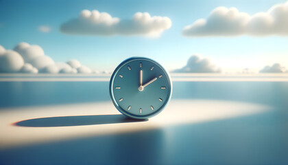 small cyan clock against a daytime sky background, capturing a peaceful, minimalist aesthetic in...