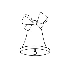 Christmas decorations. Bell with bow. Outline drawing. Hand drawn vector illustration. Design element. For coloring, cards, printing, packaging, invitations, business cards, advertising