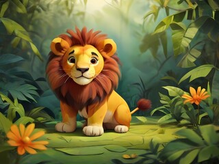 one cartoon lion, picture book, white background