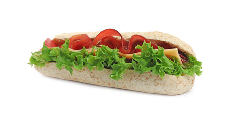 Delicious sandwich with bresaola, cheese and lettuce isolated on white