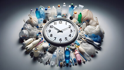 clock surrounded by a variety of plastic items. The setting is a controlled studio environment, with the clock centrally positioned amidst an assortment of plastic objects.
